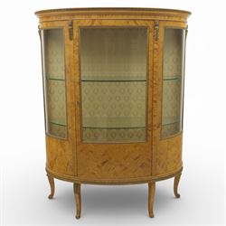 Edwardian satin walnut display cabinet, bowed oval form with moulded and dentil cornice ov...