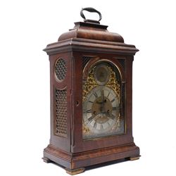 18th century twin fusee bracket clock with recoil anchor escapement the steel and brass dial inscribed Joseph Lake, London with strike silent ring and ormolu spandrels, engraved back plate in caddy top walnut case H47cm