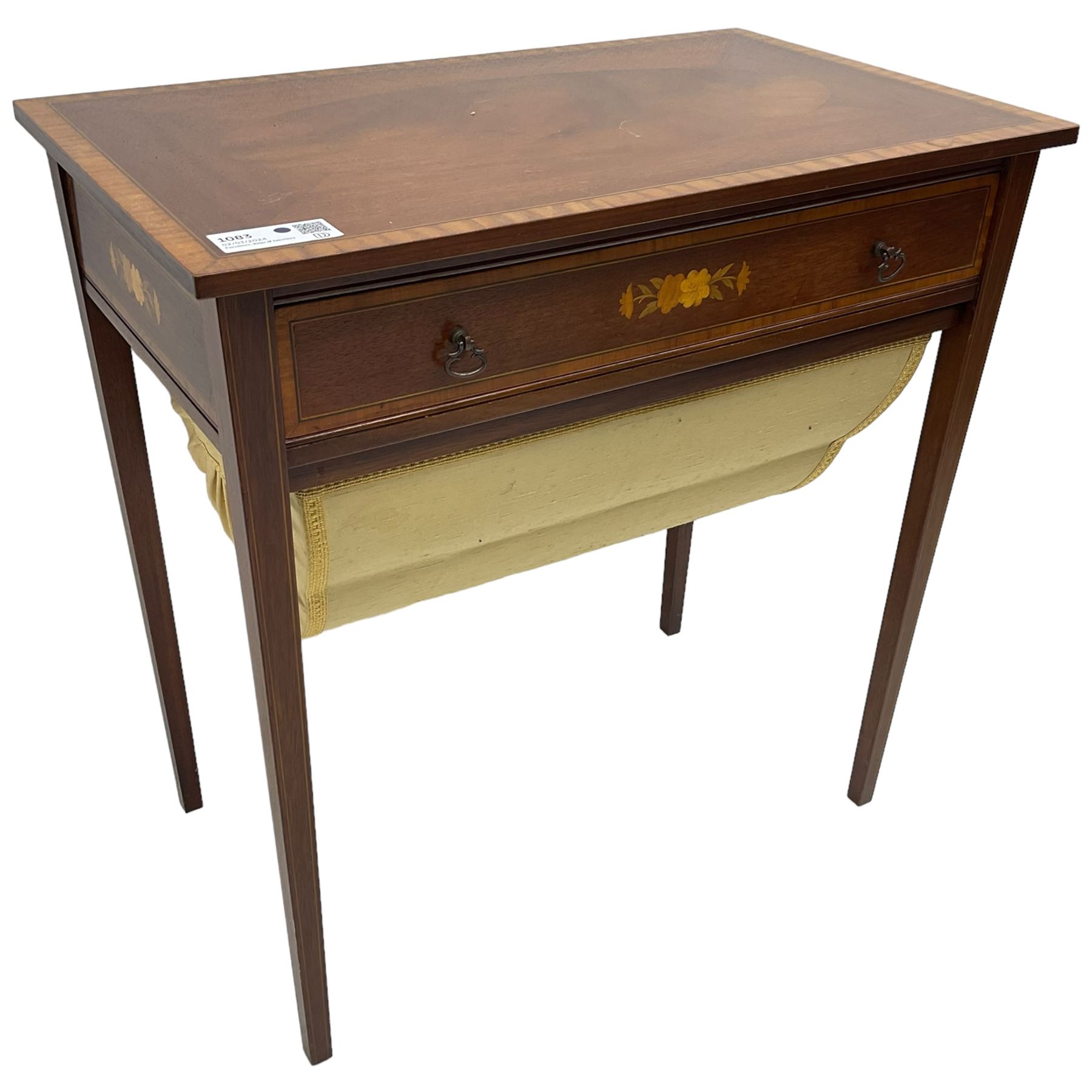 Edwardian Revival mahogany and satinwood banded sewing or work table, fitted with single drawer over upholstered sliding storage well, inlaid with extending floral decoration, on square tapering supports 