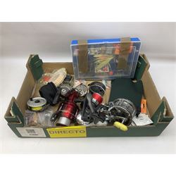 Quantity of fly and sea fishing rods and accessories, to include Shakespeare Boat 210 rod, Daiwa rod and others, and Guang Zhao FLD9000 course fishing reel, Beachmaster 7000FD, Rimfly II amd Penn Super Mariner, tackle etc