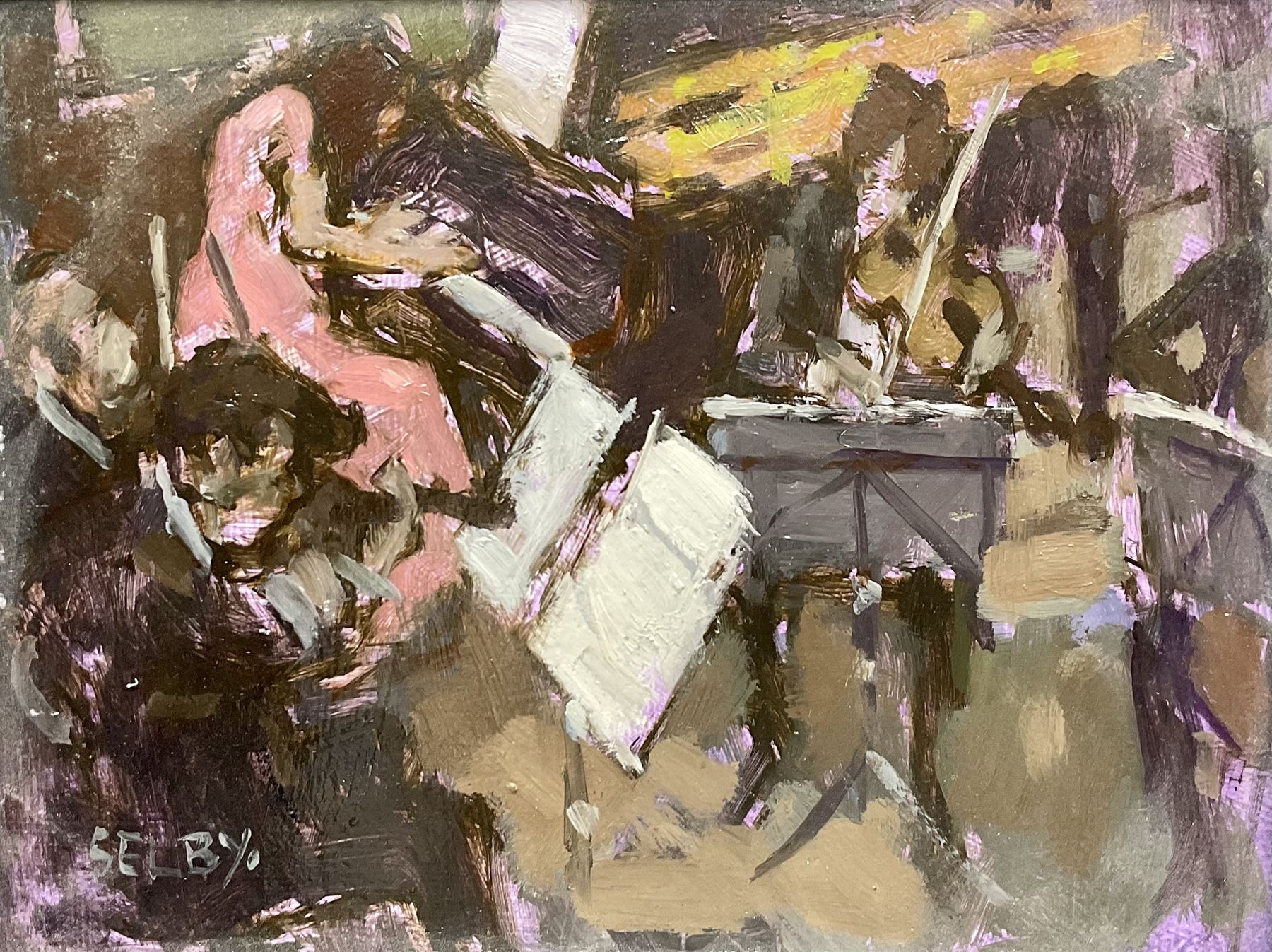 William Selby (Northern British 1933-): The Orchestra, oil on board signed 17cm x 23cm