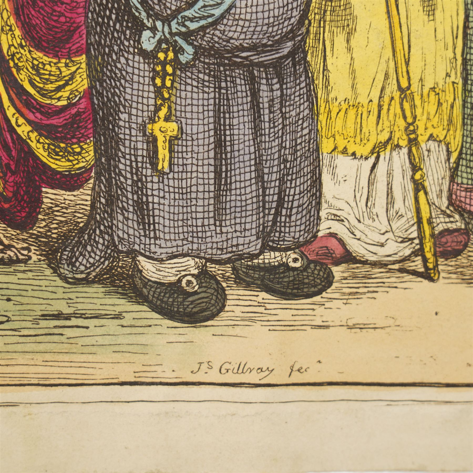 James Gillray (British 1756-1815): 'The funeral procession of Broad-Bottom', early 19th century satirical etching with-hand colouring pub. Hannah Humphrey, London, 1807, 26cm x 63cm (unframed)
Notes: William Wyndham Grenville, 1st Baron Grenville, who served as British Prime Minister from 1806 to 1807. 'Broad-bottom' being a satirical reference to his political affiliation with the Broad Bottom ministry.