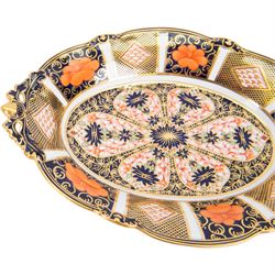 Royal Crown Derby dish, Imari 1128 pattern, of lozenge form, with pierced handles moulded with acorn terminals, L30cm
