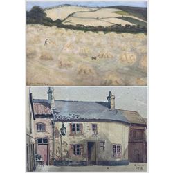 Karl Salsbury Wood (British 1888-1958): The Old English House, watercolour signed and dated 1944, 15cm x 23cm; English Naive School (20th Century): Hound in the Haystacks, watercolour signed 'Clara Bradley' dated 1962, 26cm x 32cm (2)