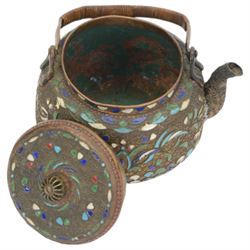Champleve enamel teapot, with pierced finial, green enamel interior and woven handle, H10cm
