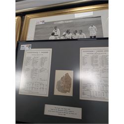 Collection of cricket memorabilia, including three black and white prints of Sir Ian Botham, colour print of Sir Ian Botham, signed limited edition Ashes Winners print, and a framed piece of The Times 1895, all framed, largest H70cm