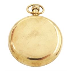 Early 20th century 9ct gold open face 'Tempus Fugit' keyless lever pocket watch by Thomas Russell & Sons, Liverpool, No. 33820, white enamel dial with Roman numeral hour markers and subsidiary seconds dial, case by Dennison, Birmingham  1921