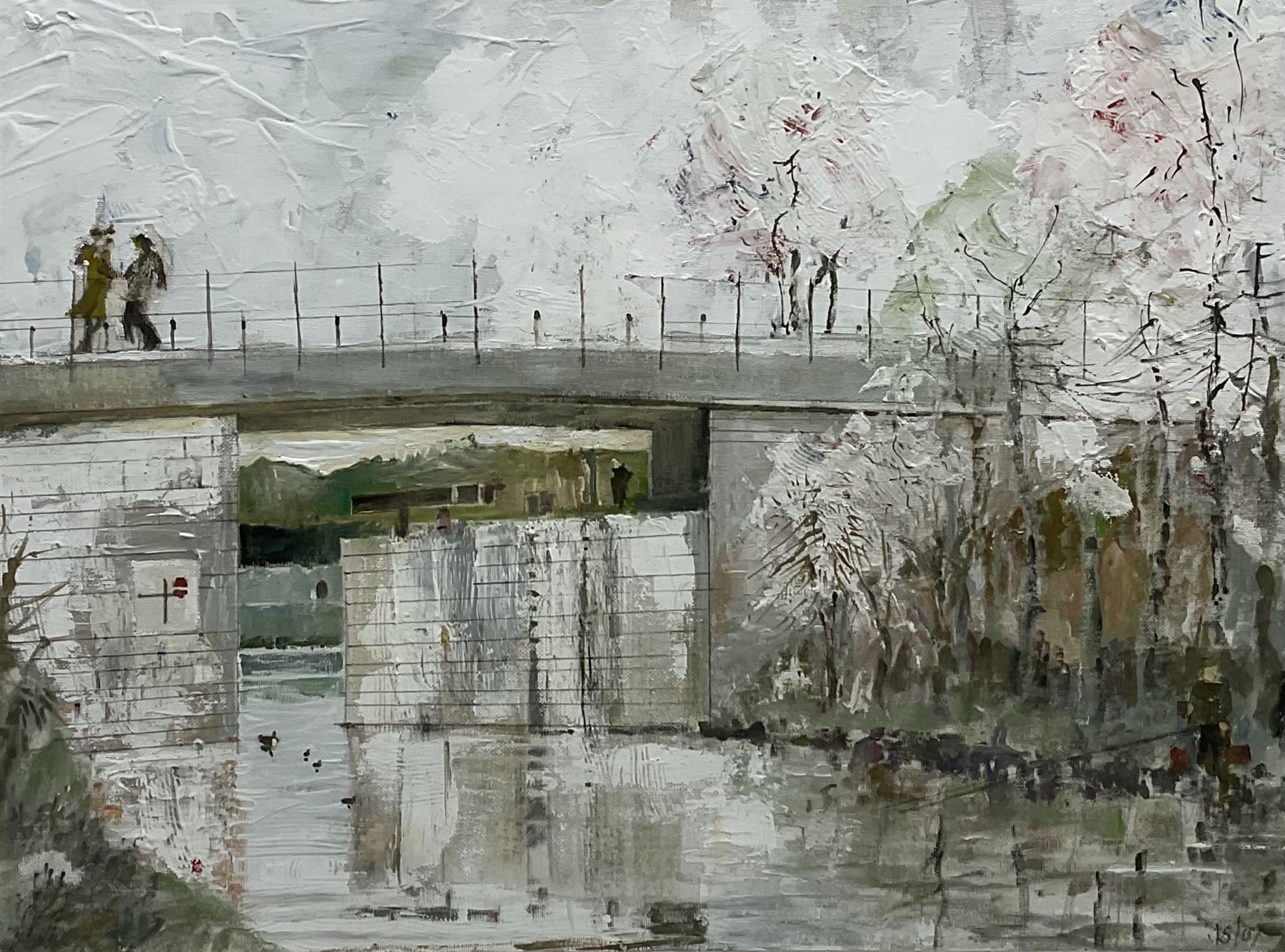 John Squire ARIBA (British Contemporary): Canal Bridge, mixed media on linen laid on board signed with initials and dated '07, studio label verso with artist's address Heckmondwike, West Yorks verso 41cm x 55cm