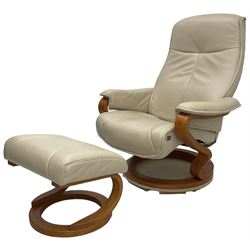 Himolla - swivel reclining armchair upholstered in cream leather, with stool