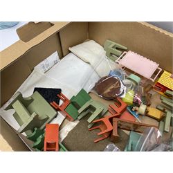 Quantity of various scale 1930s doll's house furniture including wooden grand piano, tables and chairs etc; plastic accessories including Fairy Lite sewing machine, trays, table wares, buckets, high chair etc; metal items including tin-plate doll's pram, terrestrial globe, die-cast typewriter and telephone, companion set and coal scuttle etc