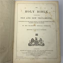 Victorian Rev. John Eadie leather bound Family Bible; three other Victorian leather bound Bibles; and another Victorian leather bound book The Altar of the Household edited by the late rev. John Harris (5)