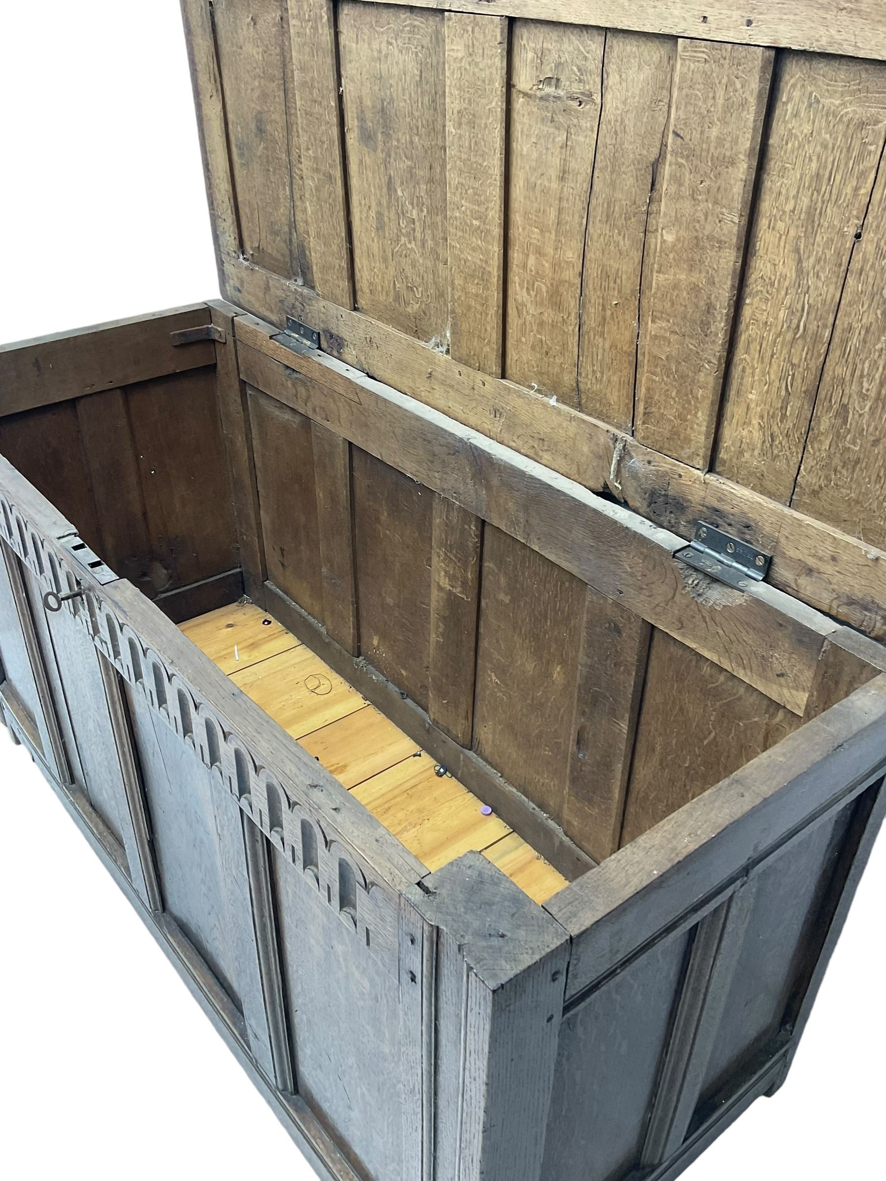 18th century and later oak coffer or chest, rectangular quadruple panelled hinged top, over arcade carved frieze and panelled sides, on stile supports