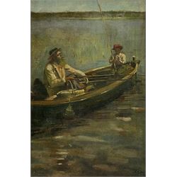 French School (19th/20th century): Man and Boy Fishing, oil on canvas laid on board indistinctly initialled 44cm x 29cm