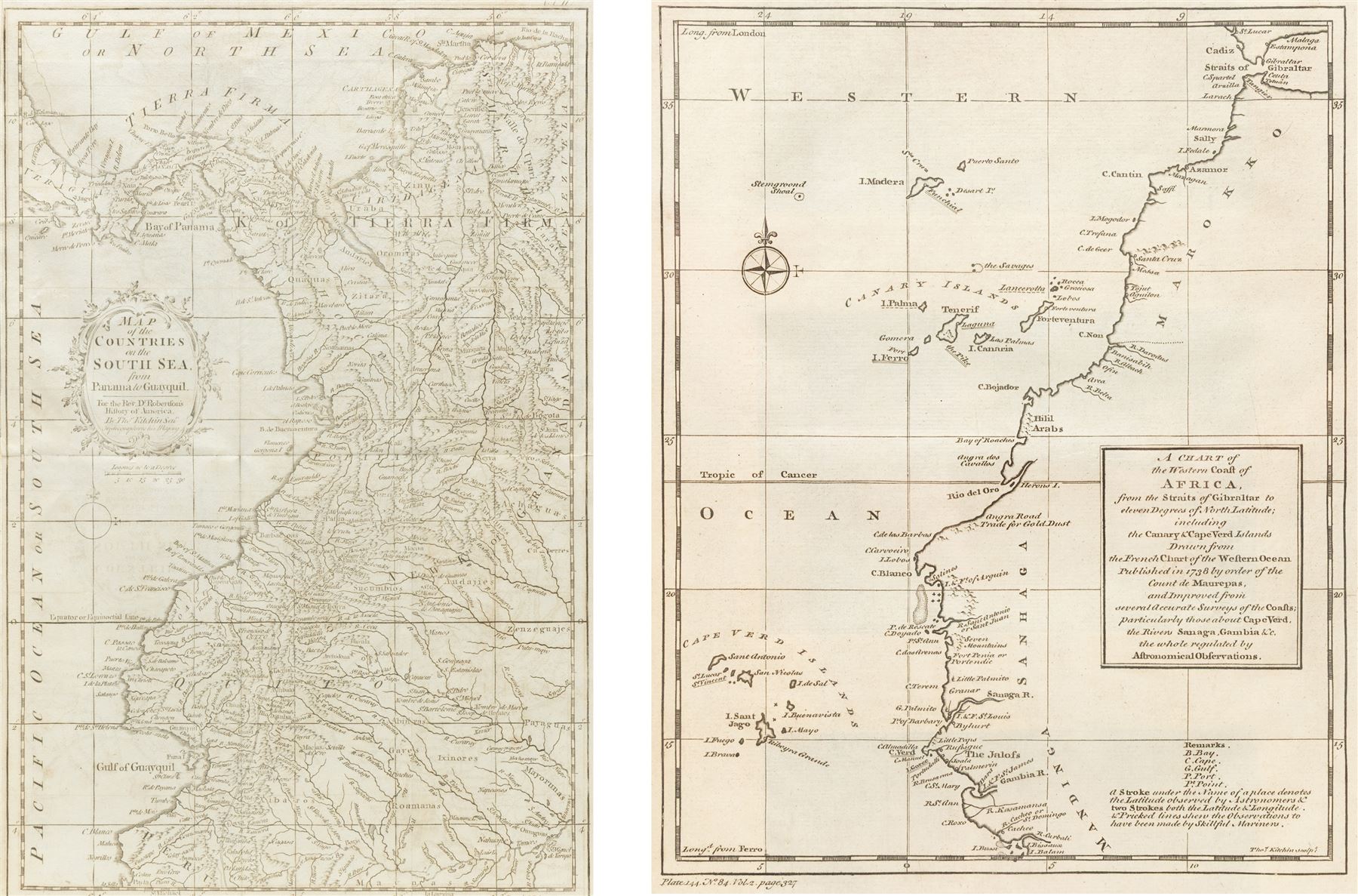 Thomas Kitchin (British 1718-1784): 'A Chart of the Western Coast of Africa', and 'Map of the Countries on the South Sea from Panama to Guayaquil', two late-18th century engraved maps, the latter from Dr. Robertson's 'History of America', 39cm x 27cm (2)