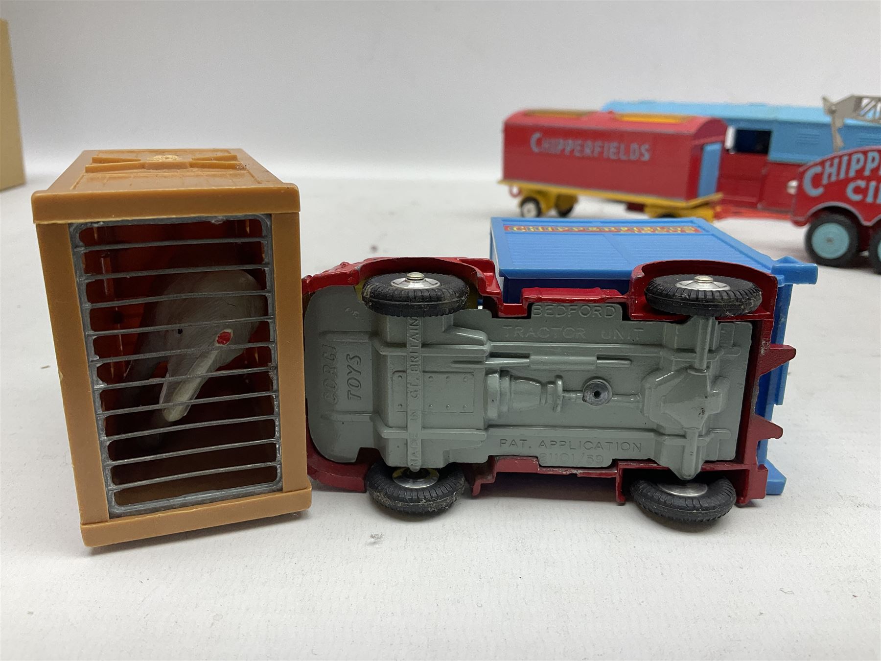 Corgi 'Chipperfields' - Gift Set 19 Land Rover with elephant cage on trailer containing elephant; No.1123 Circus Animal Cage with two Polar Bears; No.1130 Horse Transporter with five horses; No.503 Circus Giraffe Transporter with three giraffes; and No.1121 Crane Truck; all unboxed; together with two other models