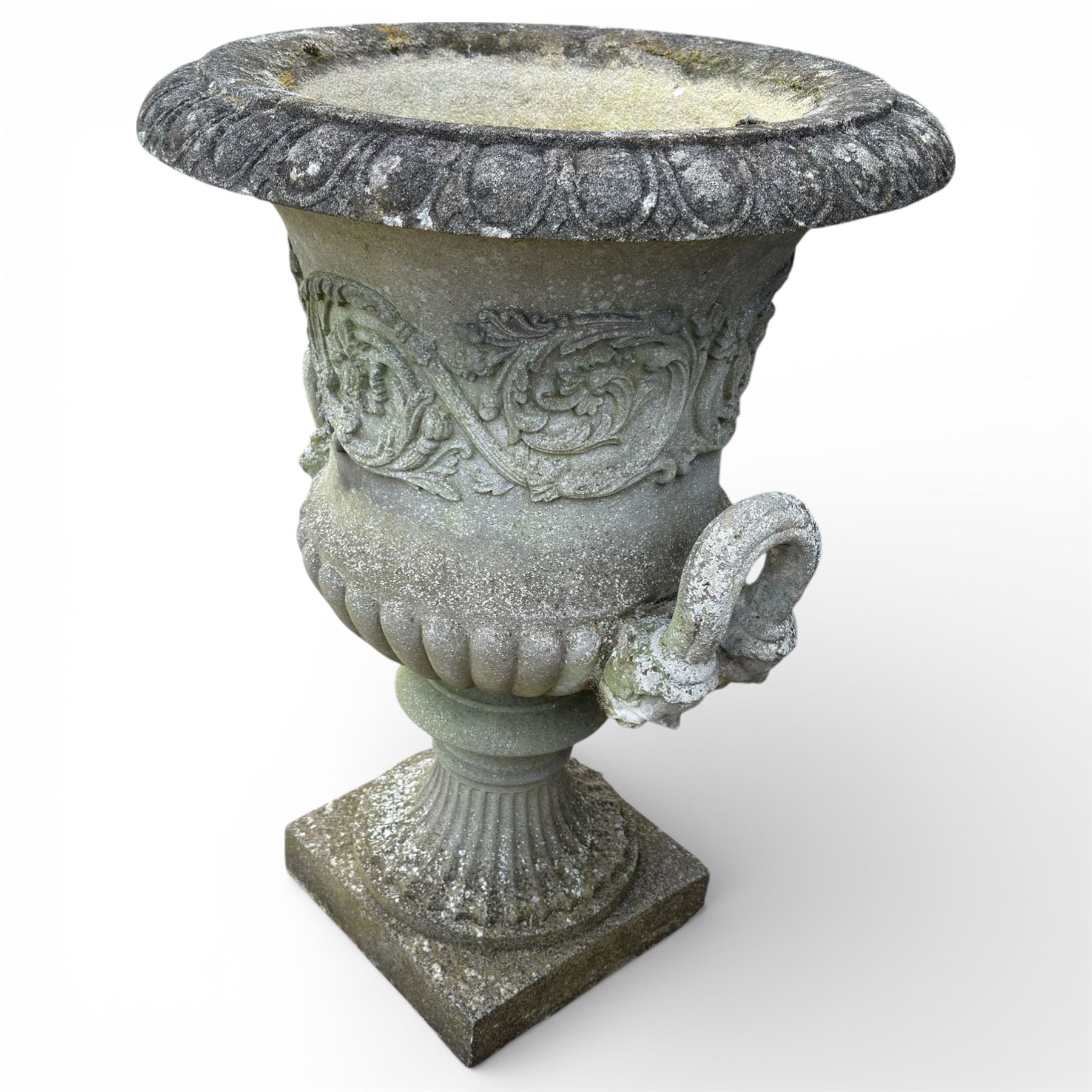 Pair of large stone Campana urns on square bases