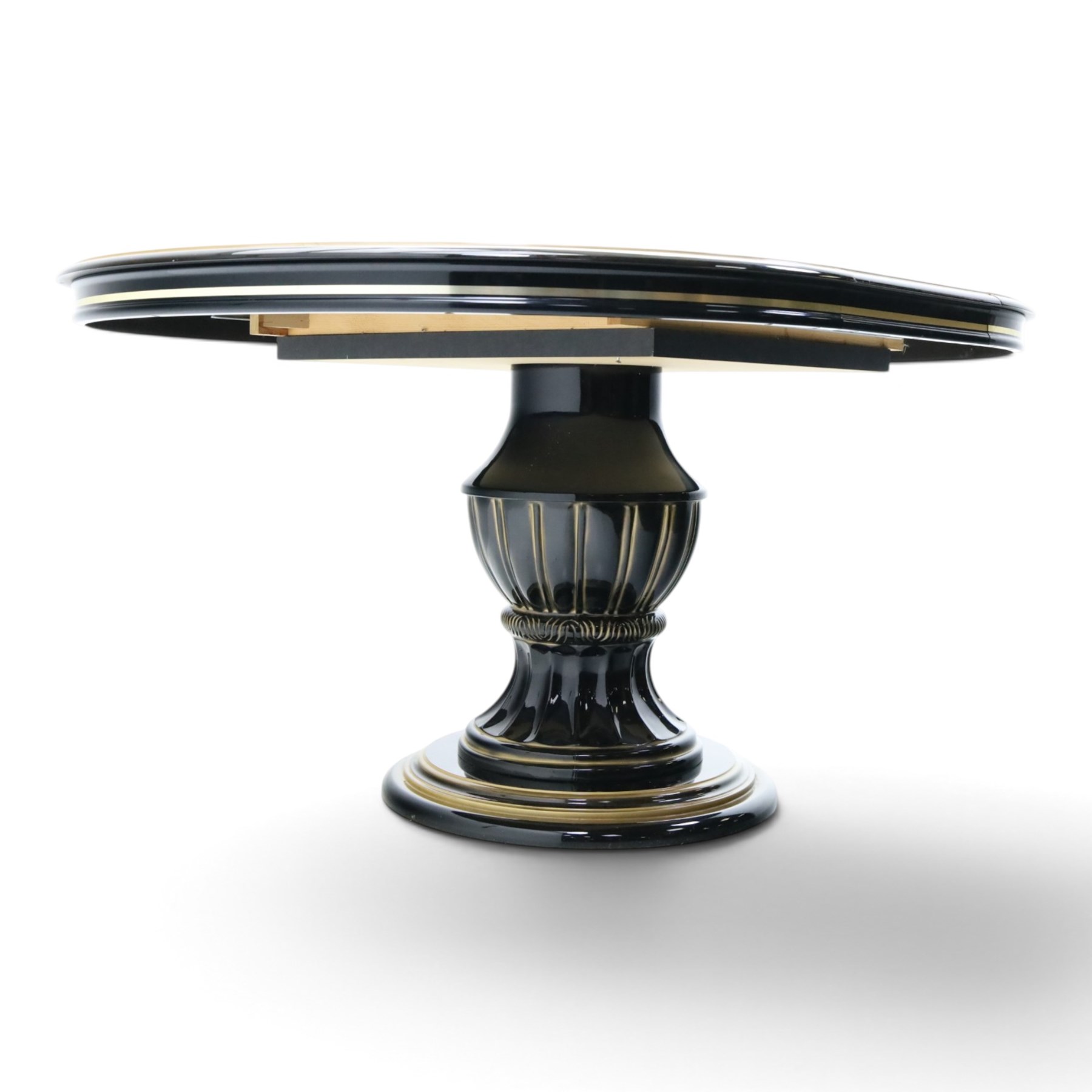 Italian Neoclassical inspired ebonised gloss dining table with four matching chairs,  circular top with additional leaf (Extends to  145cm) with Greek key banding, on a shaped pedestal base with gilt highlights and stepped plinth, the chairs en suite with padded back and seat with Greek key, reeded front supports