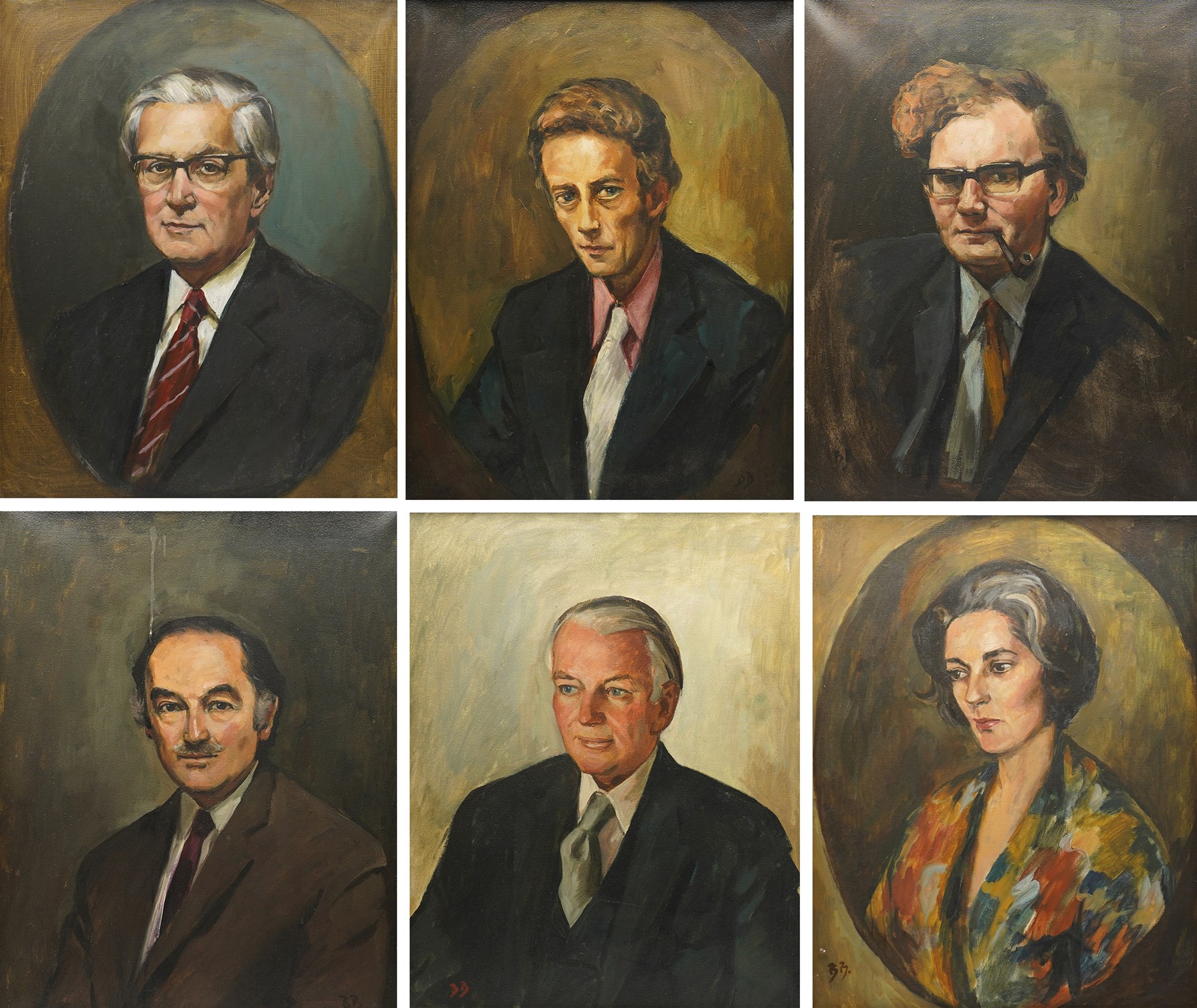 Brenda Bury (British 1932-): Members of European Parliament - 'Diana Elles Baroness Elles' 'Aeneas Simon Mackay 15th Lord Reay' 'David Lewis 1st Baron Brecon' 'Sir Peter Kirk' 'Derek Walker Smith Baron Broxbourne' and 'Tufton Beamish Baron Chelwood', set of six oils on canvas signed with initials, in matching frames, 76cm x 59cm (6)
Provenance: Property of a Nobleman.