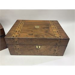 Victorian walnut and parquetry banded work box with brass shield and escutcheon, L30cm, together with mahogany writing slope with green baize writing surface, L35cm