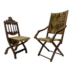 19th century carved mahogany folding chair, cresting rail carved with two stylised fish flanking a crown, spiral turned spindle supports over tapestry seat (W37cm H89); and another folding chair (W46cm H100cm)