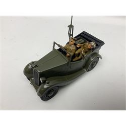 CJB Morris Military Field Wireless car with antenna, driver and operator L11cm; CJB Military covered wagon with two figures; and CJB maroon and white painted flat-bed truck with driver (3)