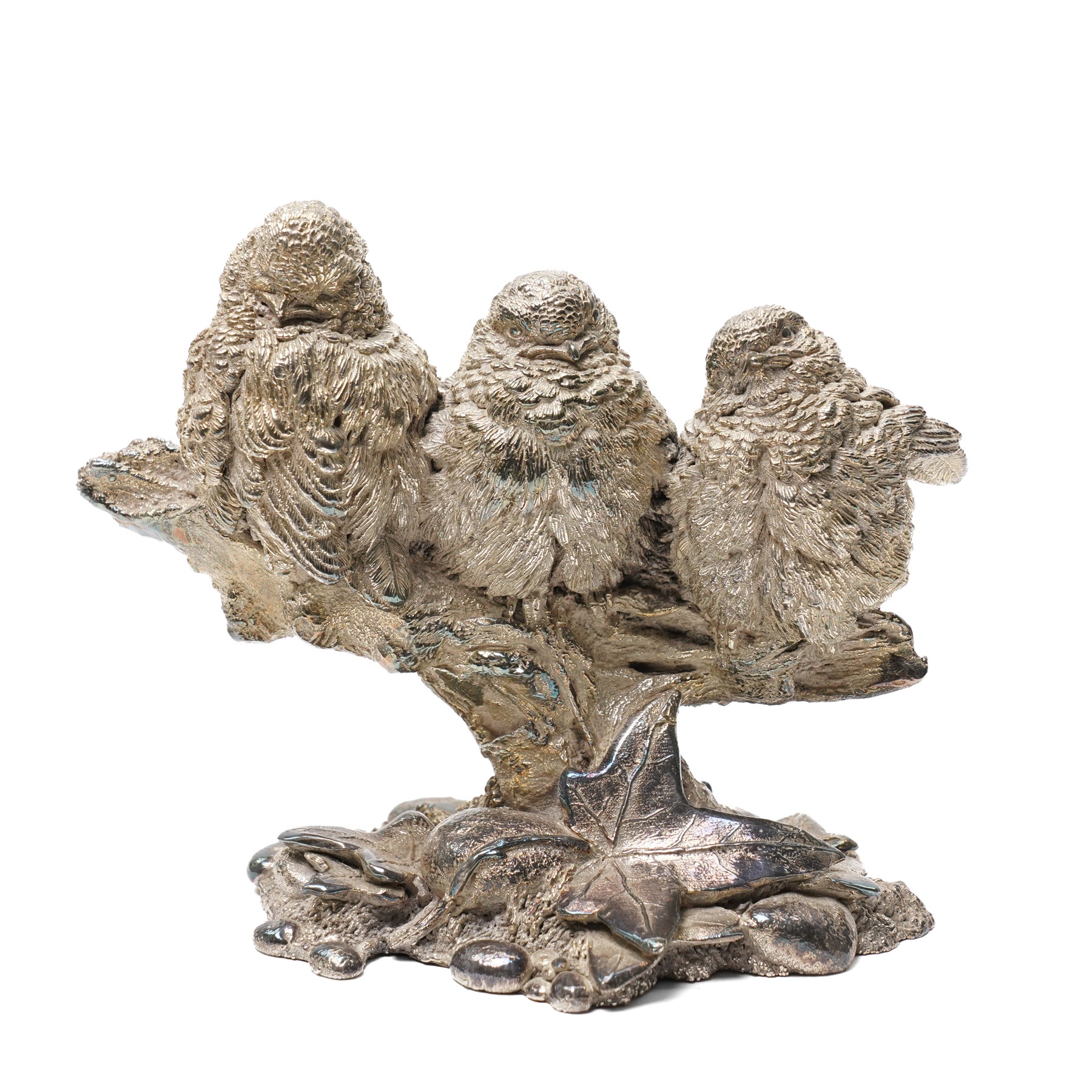 Country Artists silver filled model of three owlets on a branch W12cm