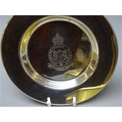  WWl Princess Mary brass Christmas tin, silver plated bottle coaster engraved with Northumberland Hussars Boer War crest, three bronzed resin figures of soldiers and a small modern tin of military buttons  