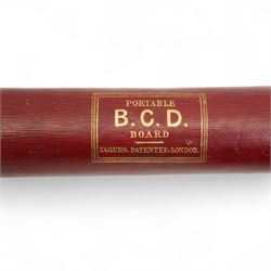 Jaques of London portable B.C.D. board for Backgammon, Chess and Draughts, the inner tube containing thirty two counters and two dice, outer red leather case