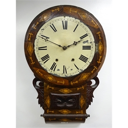  Victorian American style drop-dial wall clock, inlaid case with Roman dial, twin train movement, a single train Vienna style wall clock and a small Vienna style wall clock H102cm max (3(  