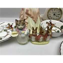 Collection of ceramics including Wedgwood Hunting Scenes clock, trinket box and other items, Coalport Karen and Beatrix potter figures and dish 