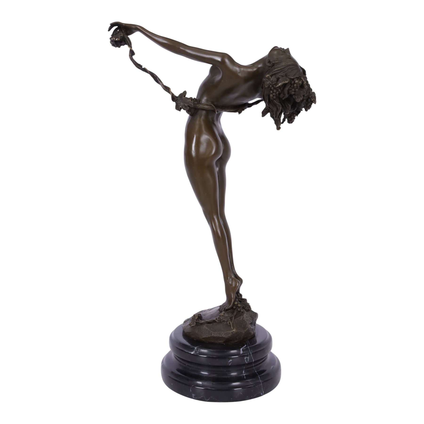 After H Fishmuth; Bronze figure of a nude female holding a vine, with foundry mark on socle base, H38cm