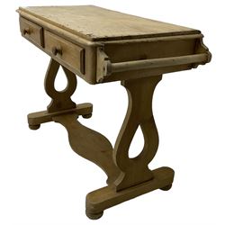 Victorian pine washstand, moulded rectangular top with rounded corners, fitted with two drawers, shaped end supports on sledge platform united by shaped stretcher, on turned bun feet