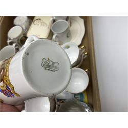 Royal Grafton floral bone china tea wares, together with similar tea wares by Crown Regent and Royal Sheraton, Wedgewood Thomas the Tank Engine and Peter Rabbit plates and bowls, and a collection of commemorative ceramics including Crown Devon lidded box, decorated in relief with portraits of Queen Elizabeth and Prince Philip, etc, in two boxes