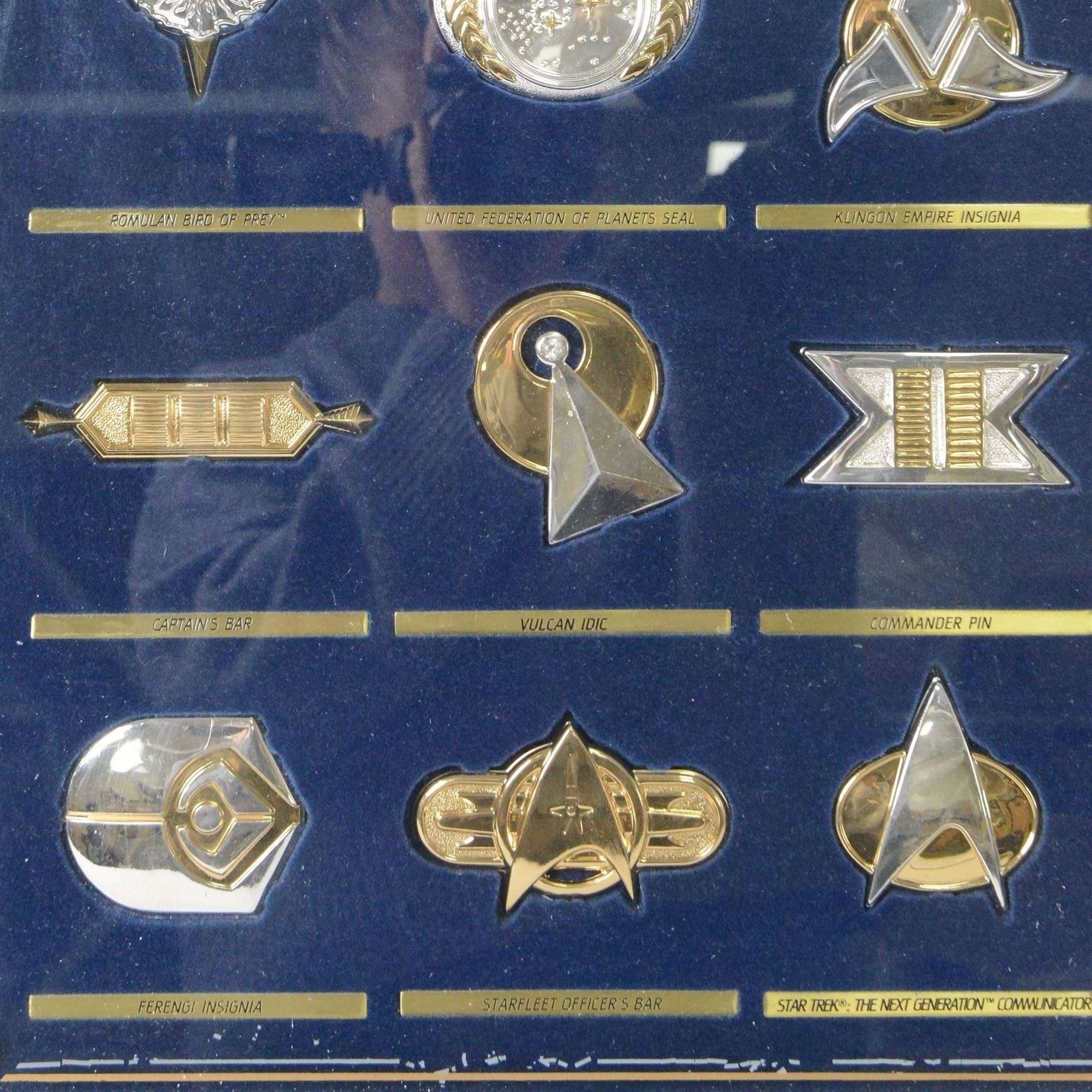 Franklin Mint The Official Star Trek Insignia Collection, set of twelve sterling silver insignia with gold plated decoration, all stamped 925 sterling with certificates of authenticity, contained within a wooden glazed display case, case H56cm