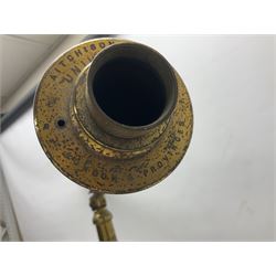 Aitchison & Co, painted brass single-draw telescope, upon folding tripod, H53cm