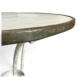 19th century French Arras design garden or bistro table, circular marble top with copper edge, raised on wrought iron triform base, in white painted finish