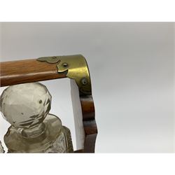 Edwardian brass bound oak tantalus for restoration, containing three part cut glass bottles, not including handle H28cm L35cm