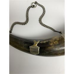 Horn hunting bugle with hallmarked silver chain and white metal central plaque and mounts