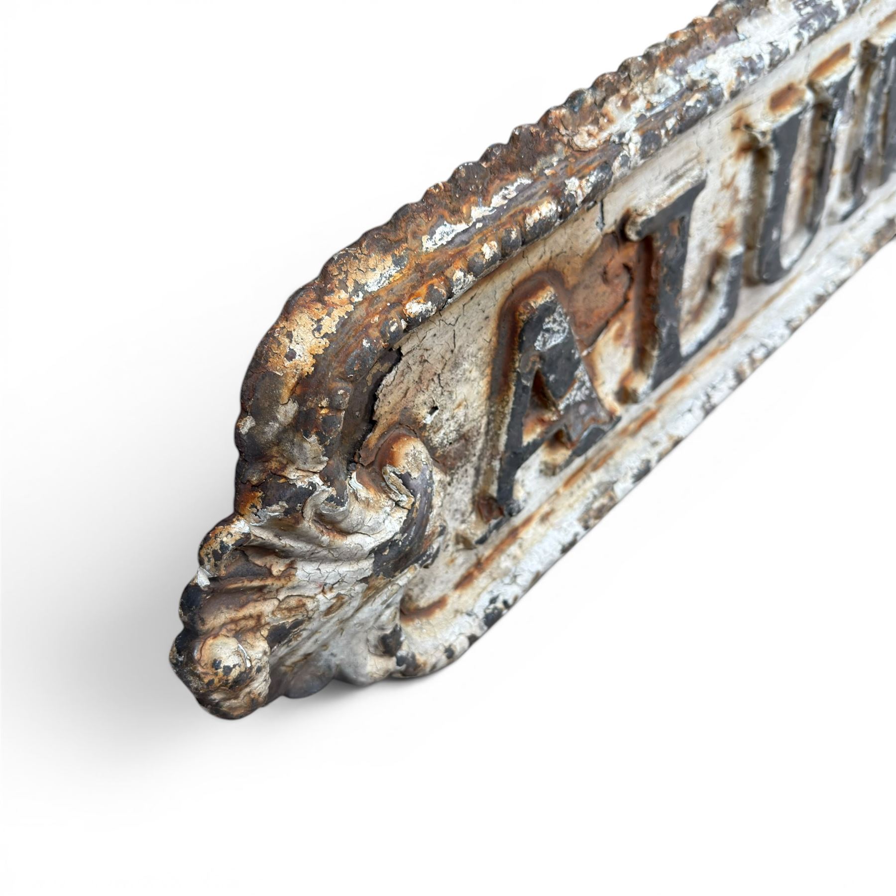 'Alum Rock Rd' - Victorian cast iron street sign, onate design, oval ends with shell motifs