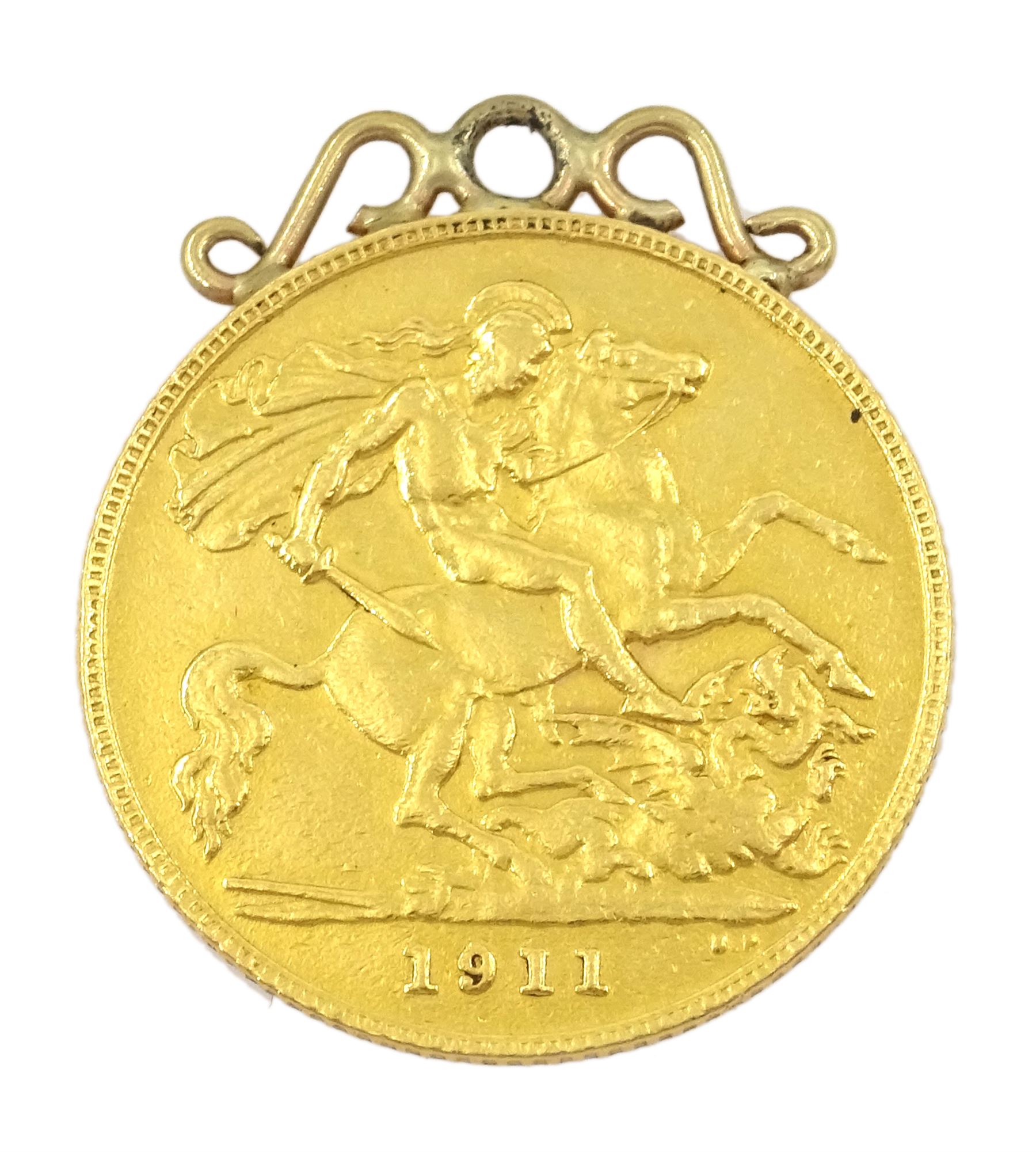 King George V 1911 gold half sovereign coin, with 9ct gold soldered mount