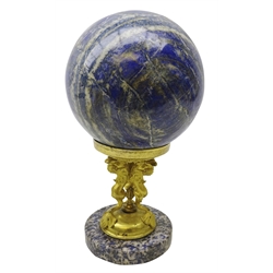  Large polished Lapis Lazuli sphere approx 16cm on gilt bronze support in the form of three mythical sea beasts, circular polished base, H29cm    