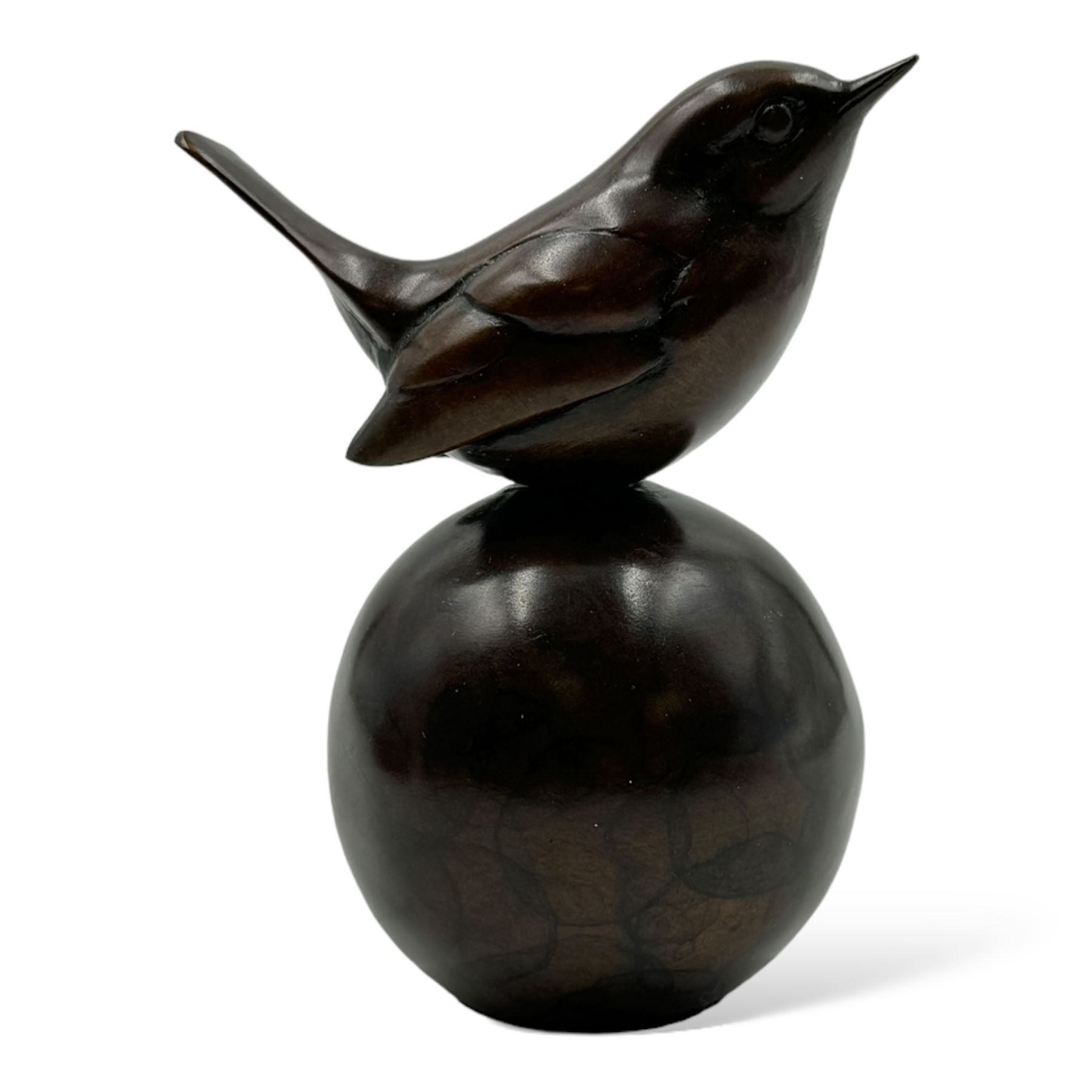 Carl Longworth (1979-); Wren on Ball, bronze sculpture, limited edition 36/175, signed to base H10cm