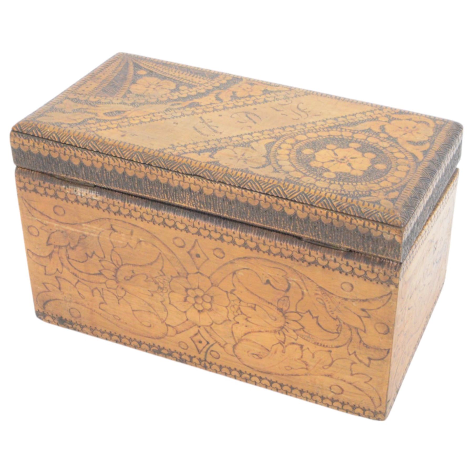 19th century stationery box, with poker work decorated, the sloped lid bearing initials
KEP opening to reveal four letter interior, H13cm