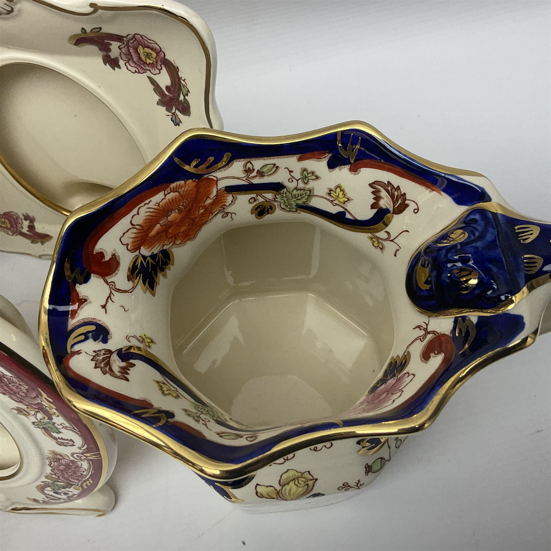 Masons Ironstone in the Mandalay pattern stepped dish, vase, jug , covered jar and two picture frames 