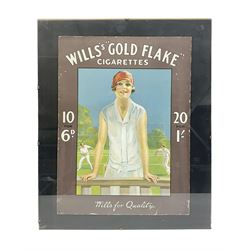 Wills Gold Flake Cigarettes advertising board, framed depicting a lady at the tennis, advert H51cm, L38cm
