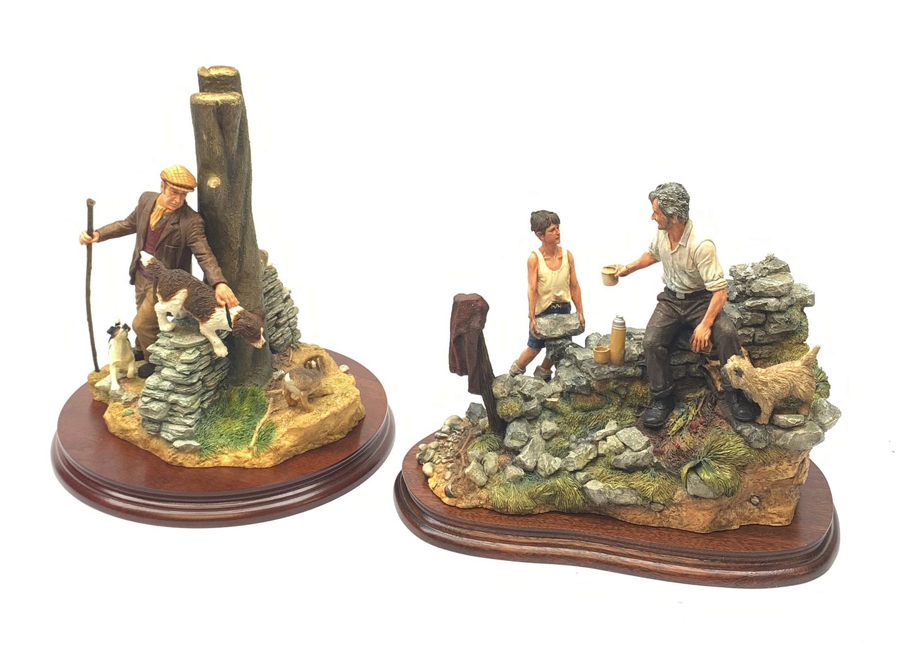 Two limited edition Border Fine Arts figure groups, comprising Out with the Dogs, model no A2647 by Craig Harding, 534/1250, on wooden base, figure H25cm, with accompanying certificate and box, and Thirsty Work, model no B0740 by Craig Harding, 615/1250, on wooden base, figure H21cm, with accompanying certificate. 