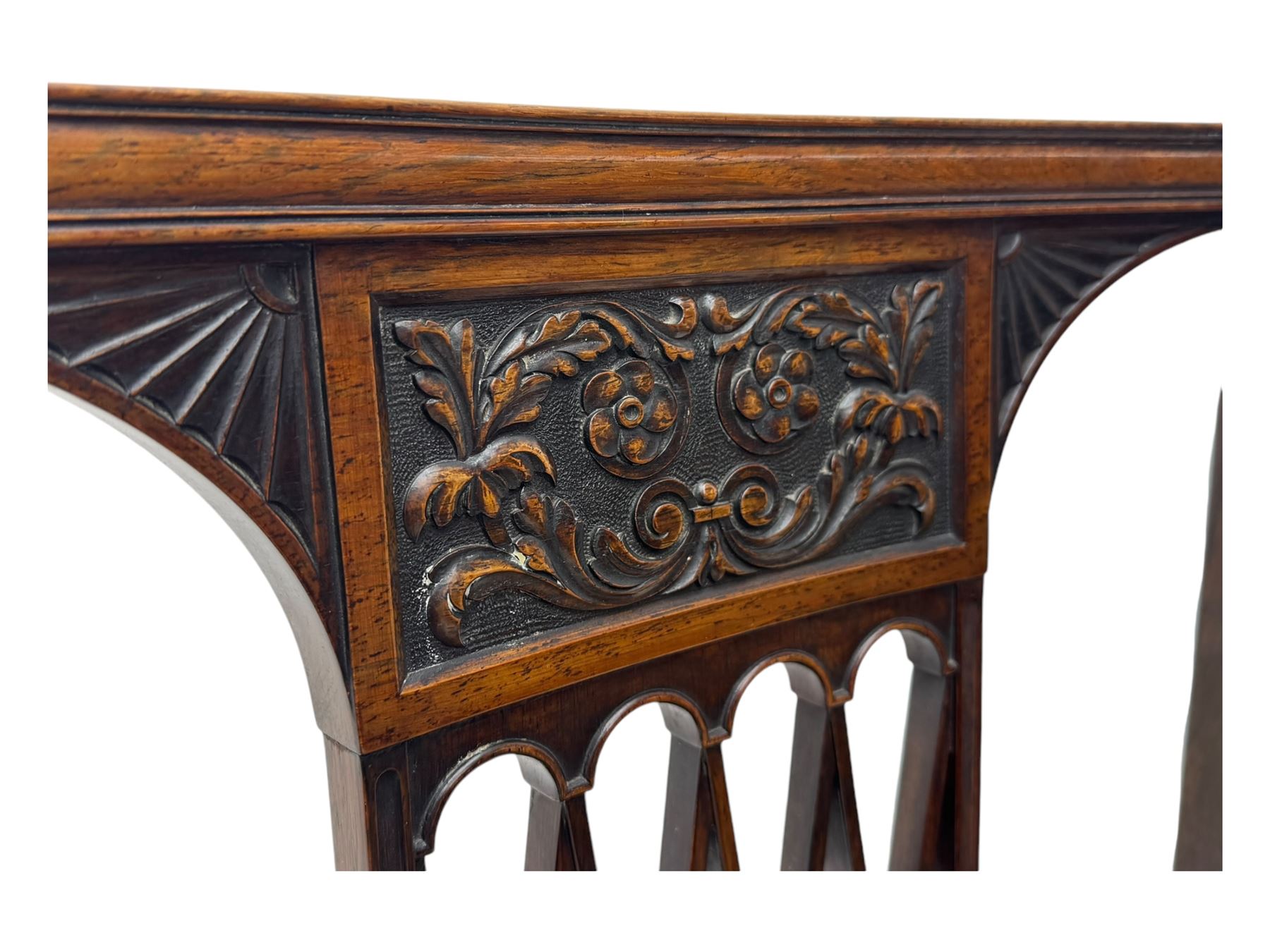Late 19th century mahogany open armchair, lattice splat back, acanthus carved arm terminals, on square tapering supports with spade feet