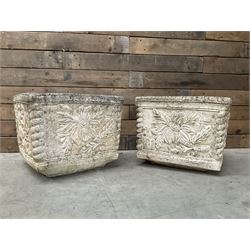 Pair of weathered cast stone square garden planters, leaf decoration