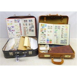  Collection of Great British and World stamps including FDCs, small amount of useable GB postage, Austria, Ceylon, Belgium, Canada, Cyprus, France, Nigeria, Southern Rhodesia, Sarawak, Zanzibar etc, in six albums/stockbooks, ring binder folder and loose, in two suitcases/briefcases   
