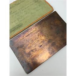 19th Century provincial Narbeth and Pembrokeshire bank copper banknote printing plate for ten pounds, housed in a card sleeve the front being printed with the banknote design 